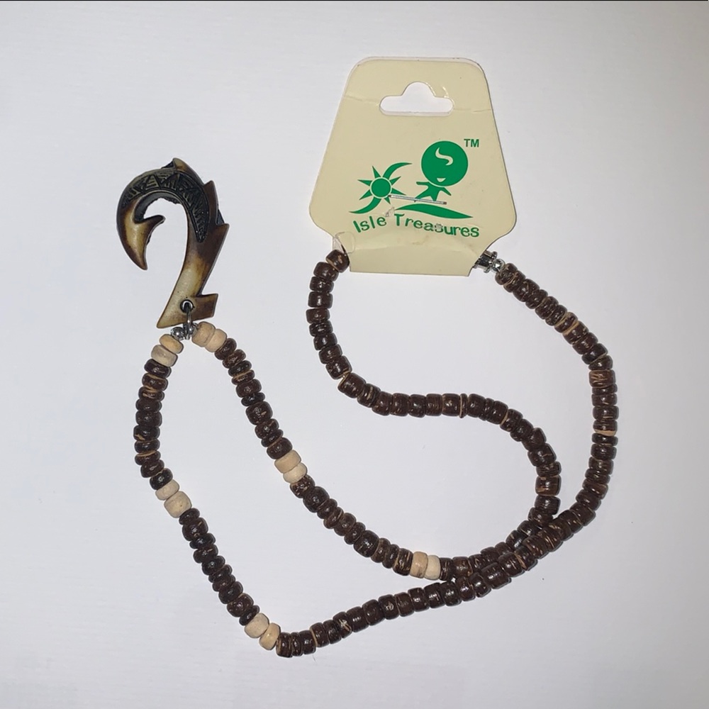 Brown Beaded Hawaiian Necklace with Rustic Hook Pendant